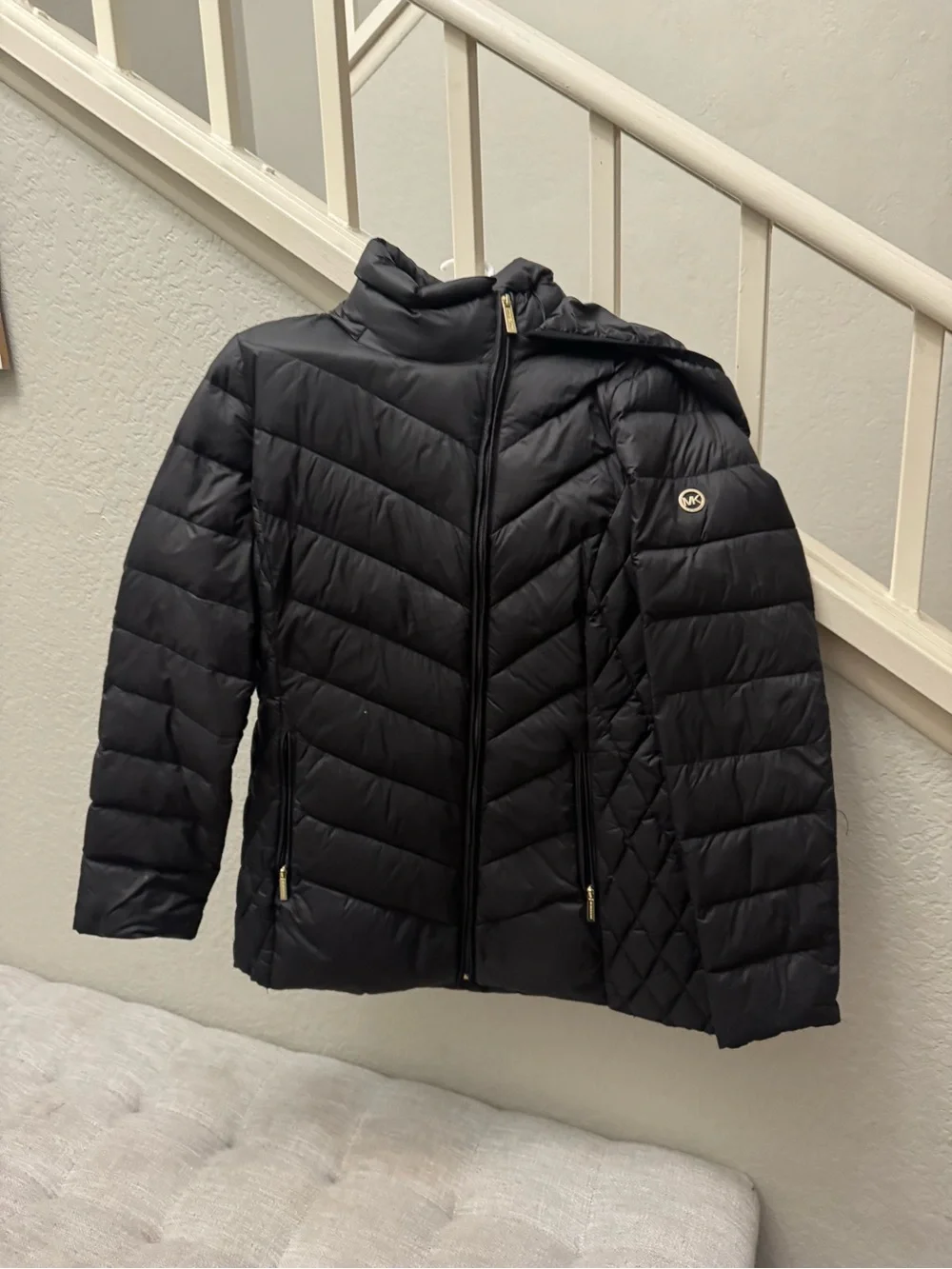 Michael Kors Black Chevron Quilted Packable Puffer Coat